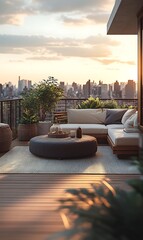 Obraz premium Modern balcony with city skyline view at sunset.