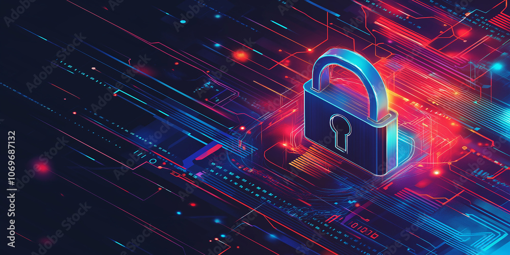 Poster Cybersecurity and data protection with padlock protecting digital information