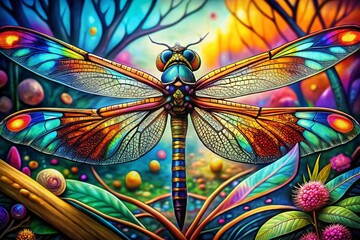 Abstract Dragonfly Art: Colorful Insect Illustration with Decorative Background and Cartoon Character Elements in a Nature-Inspired Design