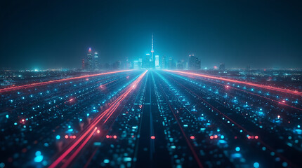 Fototapeta premium Smart city digital transformation development concept. Band lights over modern urban cityscape at night. New fast internet communication 5G technology. Fiber Optics.