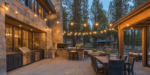 Fototapeta premium Outdoor kitchen and dining area illuminating a luxurious home patio at twilight