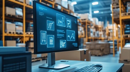A sleek monitor displaying data analytics in a warehouse setting, surrounded by shelves of inventory, illustrating modern technology in logistics management.