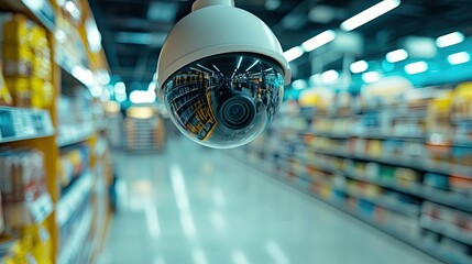 Security camera in a supermarket. This image can be used for articles on safety, technology, or retail.