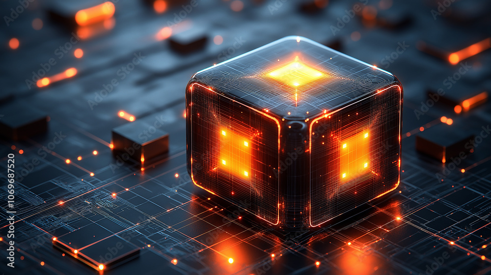 Poster Glowing cube processing data on futuristic circuit board
