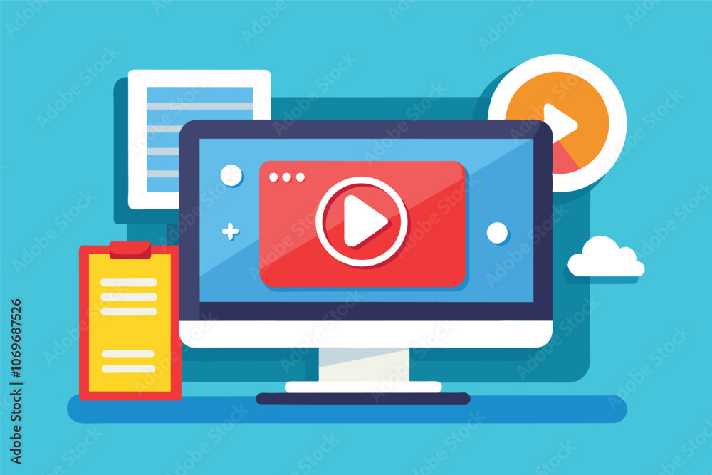 Poster modern desktop computer showing video playback with play button