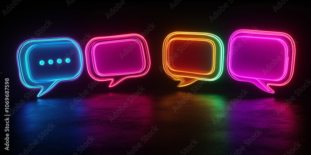 Poster neon speech bubbles glowing on dark background representing online communication