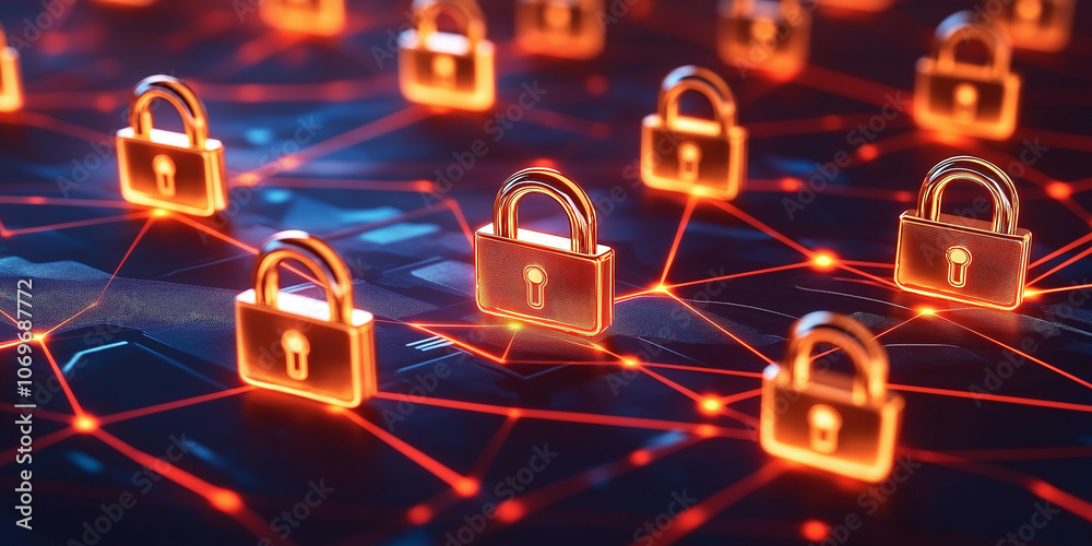 Poster Glowing padlocks interconnected on a network, symbolizing data protection and cybersecurity