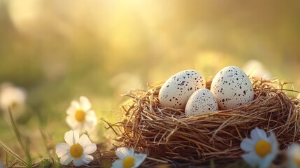 Obraz premium Serene nest of speckled eggs surrounded by daisies