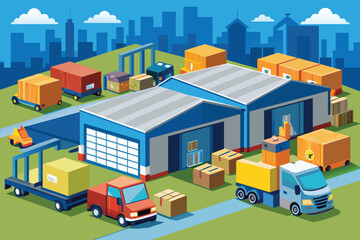 Large Warehouse Building With Delivery Trucks and Cargo Containers in City Setting