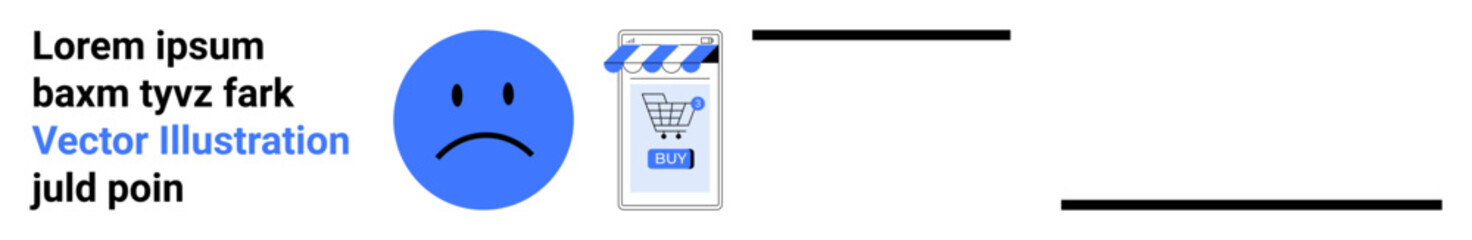 Blue sad face emotion next to a shopping bag with a shopping cart icon. Placeholder text Lorem Ipsum included. Ideal for e-commerce, social media, customer feedback, emotional expression, digital