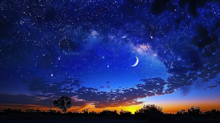 Obraz premium A stunning twilight sky filled with stars, featuring a crescent moon, transitioning from day to night with vibrant colors.