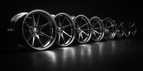 Row of shiny alloy rims standing on dark background