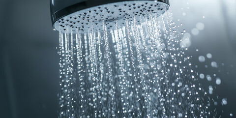 Clean water pouring from shower head in modern bathroom