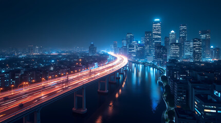 Obraz premium Smart city digital transformation development concept. Band lights over modern urban cityscape at night. New fast internet communication 5G technology. Fiber Optics.