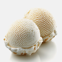 Enjoy this visually appealing image of two creamy ice cream scoops on a pristine white background. Perfect for showcasing desserts and summer delights.