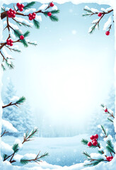 Winter festive wonderland copy space scene for letter or poster and flyer background with snowy branch border