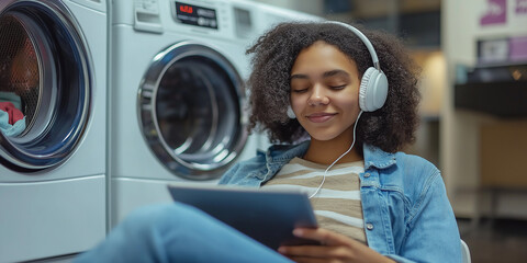 Young woman listening music and using tablet while waiting for laundry