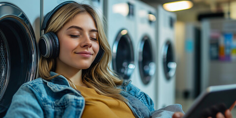 Young woman listening music with headphones and tablet while waiting in laundromat