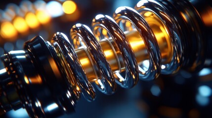A close-up shot of a shiny metal spring. Perfect for projects related to mechanics, engineering, or automotive.