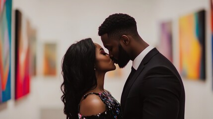 A Couple Shares a Romantic Kiss in an Art Gallery Surrounded by Colorful Abstract Paintings During an Evening Event