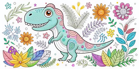 Fototapeta premium Adorable Baby Dinosaur Coloring Page Template Featuring a Cute Tyrannosaurus Surrounded by an Abstract Floral Background for Creative Fun and Imagination
