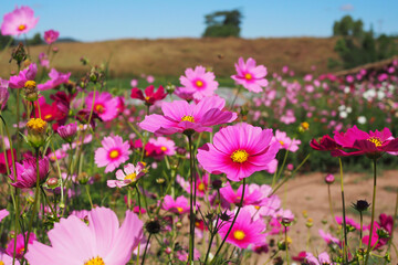 Fototapeta premium Beautiful pink cosmos flowers blooming in natural landscapes