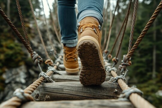 Fototapeta Foot walking on a rope bridge. This photo illustrates the concept of taking risks and facing challenges head-on.