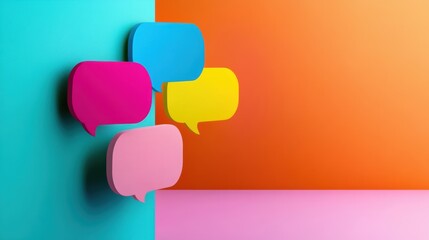 Four colorful speech bubbles stand out against a bright, multicolored background, evoking a lively sense of interaction and dialogue