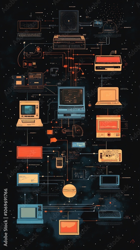 Poster Pixel art illustration depicting the evolution of computers with various devices connected by lines, set against a starry background.