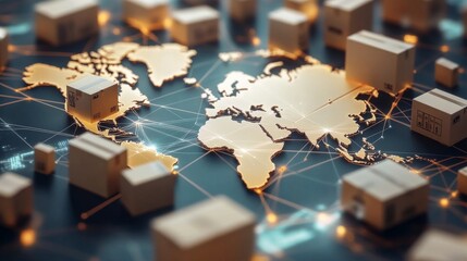 World map multiple cardboard boxes scattered across it Visual representation of global