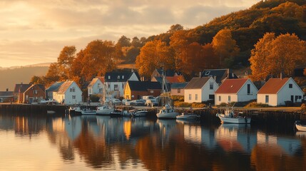 Fototapeta premium Picturesque coastal village with boats docked at the harbor at sunrise.