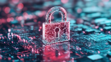 3D digital lock icon over a blurred tech background, symbolizing cybersecurity, data protection,...