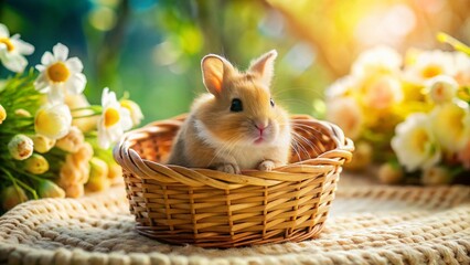 Adorable Little Rabbit Nestled in a Cozy Basket: A Heartwarming Moment Captured in Candid Photography for Pet Lovers