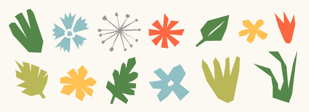 Paper cut out organic elements collection. Colorful abstract floral collage shape set. Kid cut plants, flowers, leaves bundle for decoration, poster, banner, print. Children illustration pack. Vector