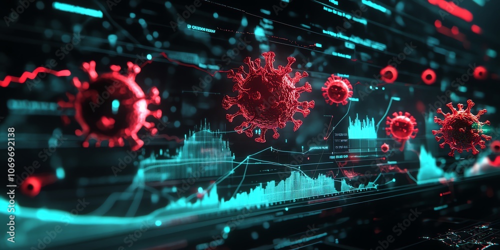 Poster Red virus cells on a digital screen with blue and green data visualizations and charts.