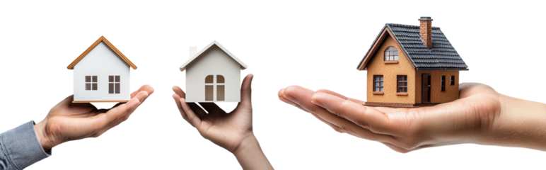Collection of hand holding model house presented for home loan campaign on isolated transparent background.