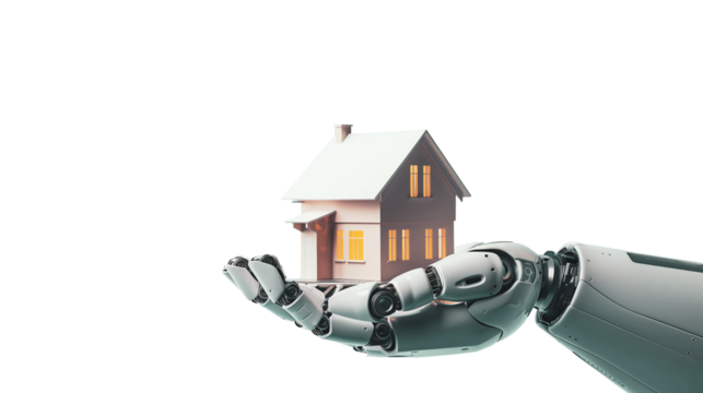 Robot hand holding model house presenting for home loan campaign on isolated transparent background.