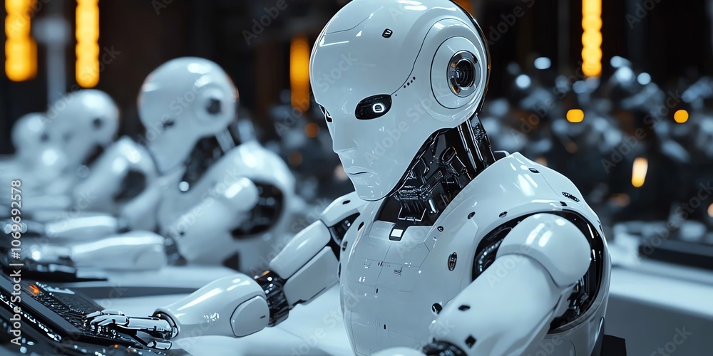 Fototapete Row of white humanoid robots working in a factory setting, one in focus.