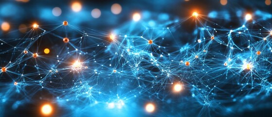 Obraz premium Digital illustration network interconnected lines dots dark blue Close up