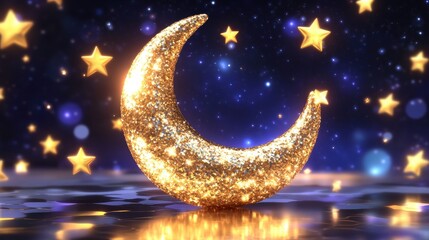 Fototapeta premium A golden crescent moon glistens amid sparkling stars, illuminating a tranquil night sky filled with enchantment and wonder