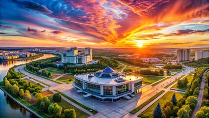 Aerial Double Exposure of Ufa Cultural Center at Sunset: A Panoramic View Highlighting the Beauty of Bashkortostan’s Capital in Magical Evening Light