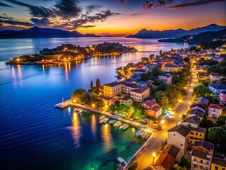 Fototapeta premium Aerial Night Photography of Dassia, Corfu Island - Captivating Coastal Views, Illuminated Shores, and Starry Skies Over the Beautiful Greek Destination