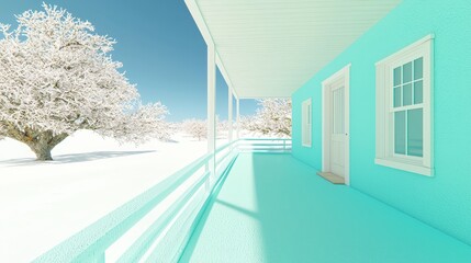 Fototapeta premium Winter Wonderland Porch Turquoise House Snowy Landscape White Trees Minimalist Design