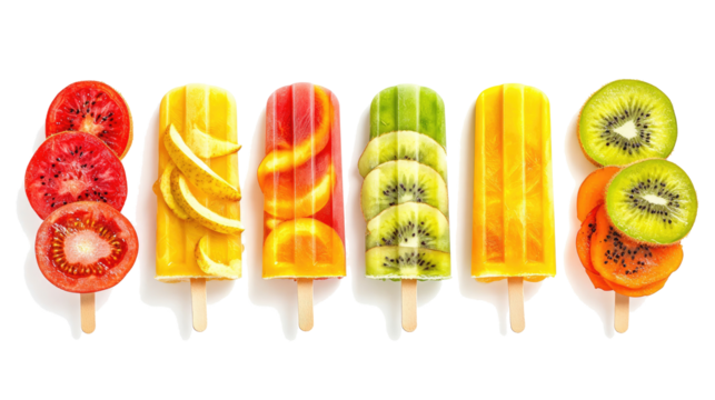 Assorted Cold Summer Fruit Popsicles on a Transparent Background Generative AI