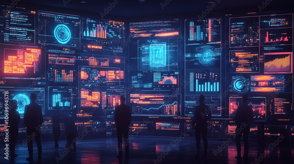 Poster silhouettes of people standing in front of a wall of digital displays showing graphs, charts, and da