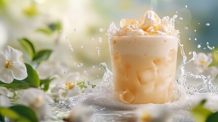 Iced Milk Tea with Creamy Snow Top, Refreshing Summer Drink with Splash Effect, Surrounded by Jasmine and Osmanthus on a Bright, Clean Background in High-Resolution, Perfect for Commercial Use
