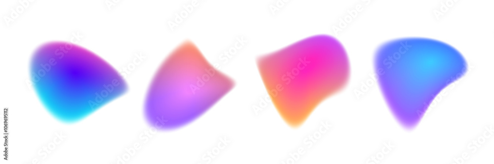 Poster Bright colorful gradient blob set. Liquid blur gradation background collection. Iridescent blurry irregular shape pack for poster, banner, leaflet, brochure. Vector neon fading uneven aura bundle