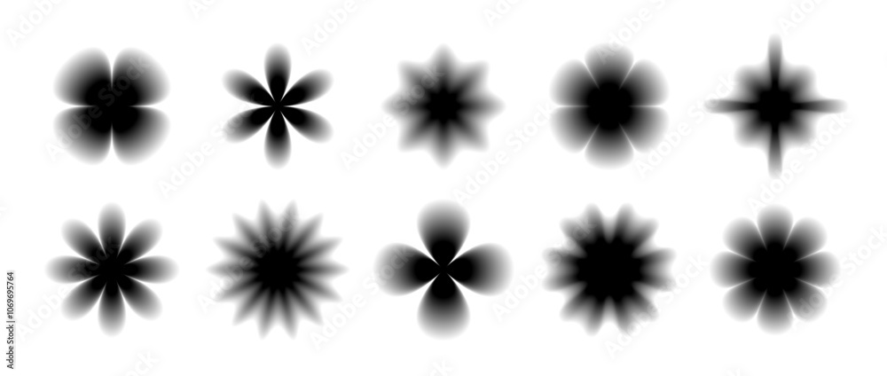 Poster Black smooth blurred gradient form set. Grunge blurry aura shape collection. Fading abstract elements for poster, template, badge, sticker, collage. Defocused flowers, sparkles and stars pack. Vector
