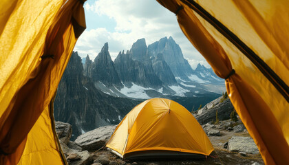 The picture depicts a scene viewed from the interior of a yellow tent, highlighting the magnificent rocky mountains in the background.