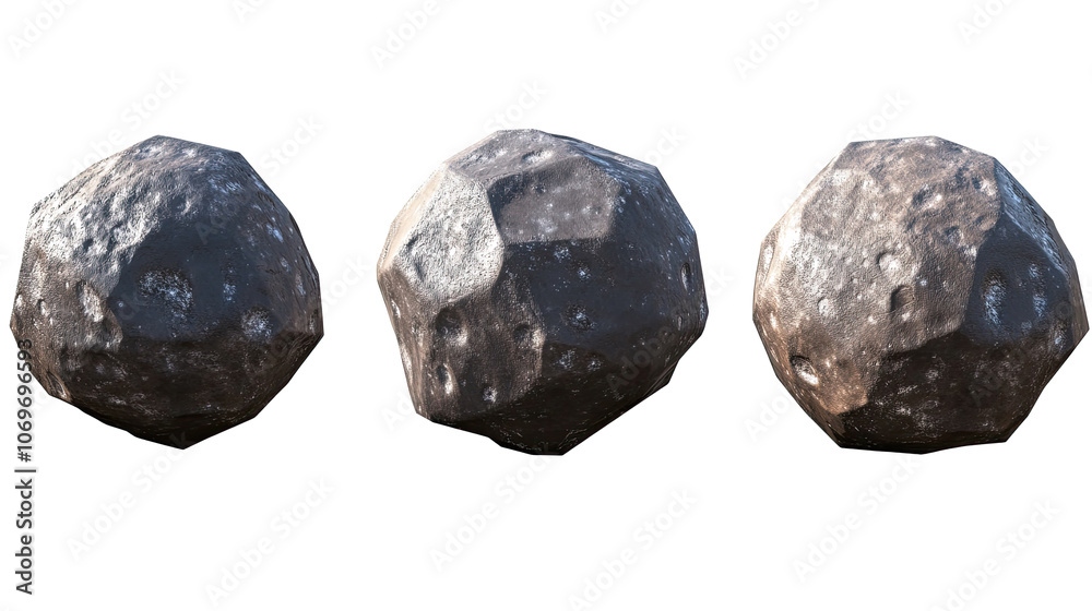 Poster three realistic asteroid models on clear background generative ai